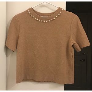 Zara- Tan Soft Knit T-Shirt with Faux Pearls